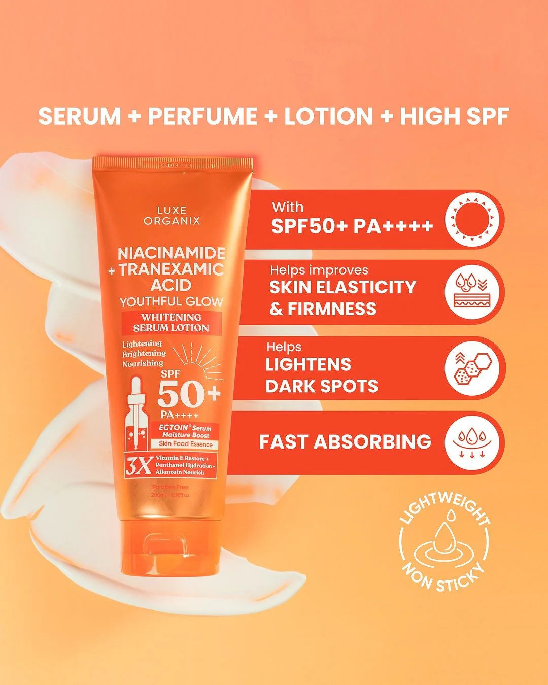 LUXE ORGANIX Niacinamide + Tranexamic Acid Youthful Glow Whitening Serum Lotion SPF50 200ml