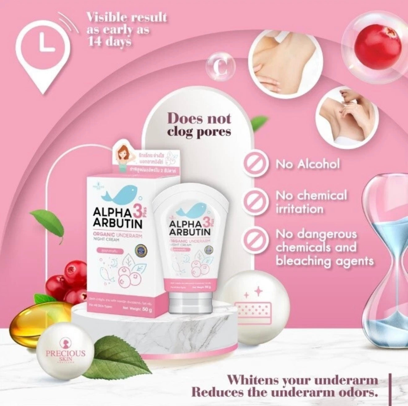 Precious Skin Thailand Alpha Arbutin Organic Underarm Night Cream, 50g