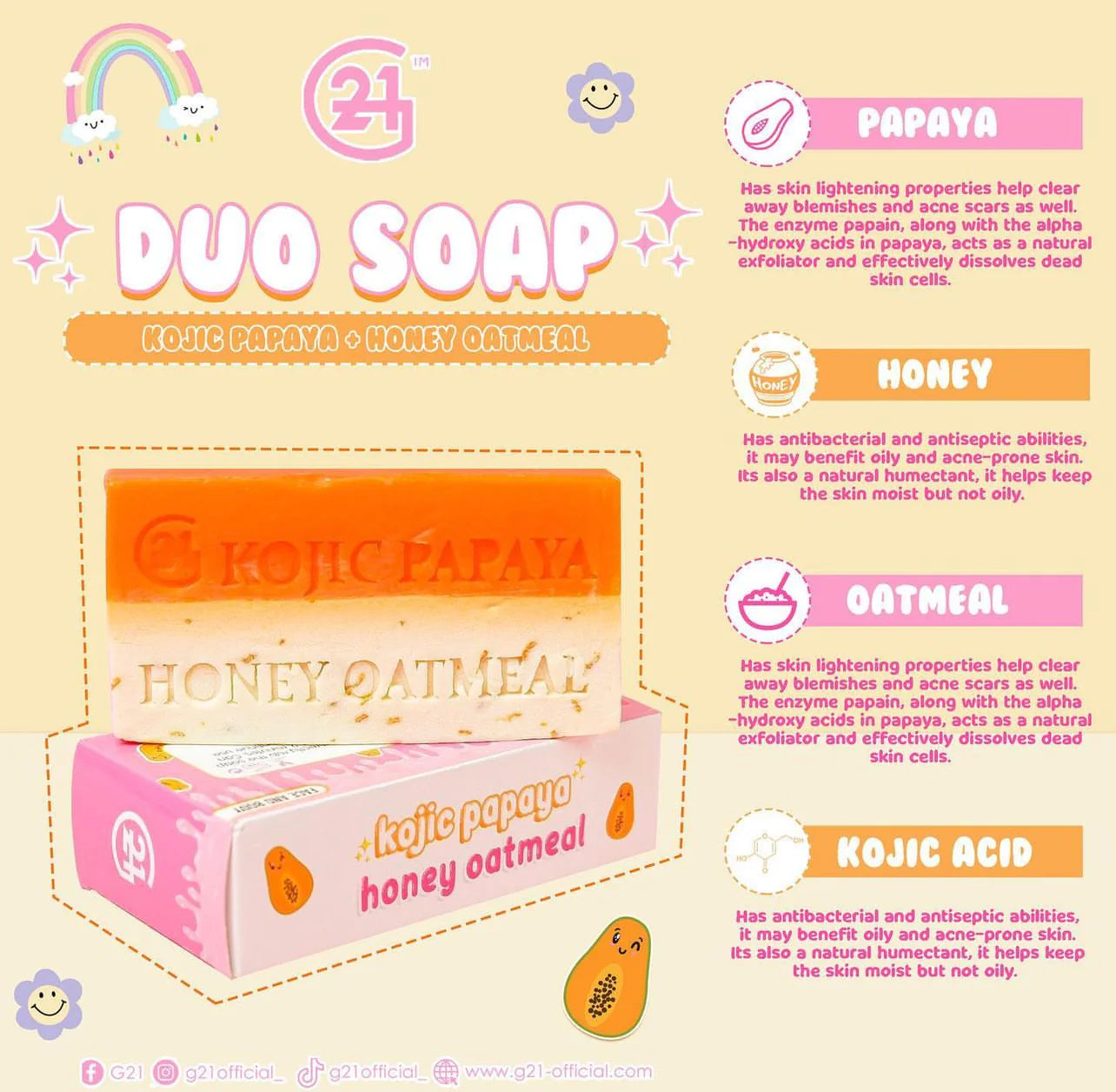 G21 Kojic Papaya Honey Oatmeal Duo Soap 150g